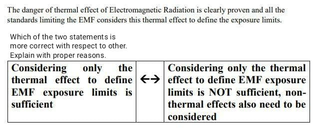 The danger of thermal effect of Electromagnetic Radiation is clearly proven and all the
standards limiting the EMF considers this thermal effect to define the exposure limits.
Which of the two statements is
more correct with respect to other.
Explain with proper reasons.
Considering
thermal effect to define E effect to define EMF exposure
EMF exposure limits is
sufficient
only
the
Considering only the thermal
limits is NOT sufficient, non-
thermal effects also need to be
considered
