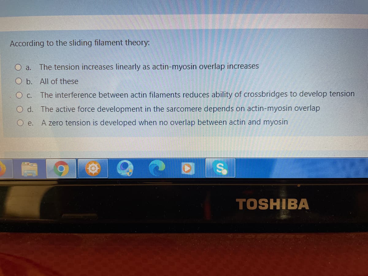 According to the sliding filament theory:
O a. The tension increases linearly as actin-myosin overlap increases
O b. All of these
O c.
The interference between actin filaments reduces ability of crossbridges to develop tension
d. The active force development in the sarcomere depends on actin-myosin overlap
A zero tension is developed when no overlap between actin and myosin
e.
TOSHIBA

