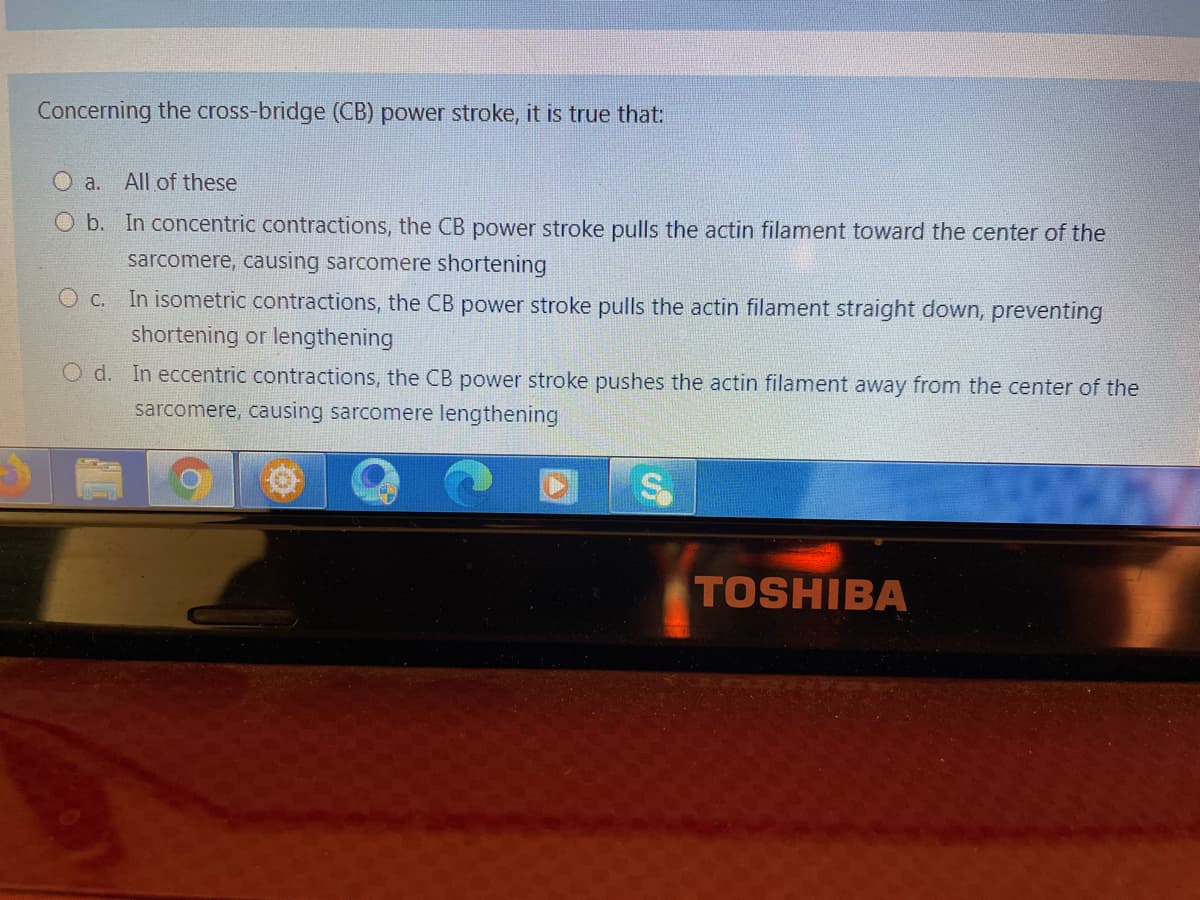 Concerning the cross-bridge (CB) power stroke, it is true that:
O a.
All of these
O b. In concentric contractions, the CB power stroke pulls the actin filament toward the center of the
sarcomere, causing sarcomere shortening
O C. In isometric contractions, the CB power stroke pulls the actin filament straight down, preventing
shortening or lengthening
O d. In eccentric contractions, the CB power stroke pushes the actin filament away from the center of the
sarcomere, causing sarcomere lengthening
TOSHIBA
