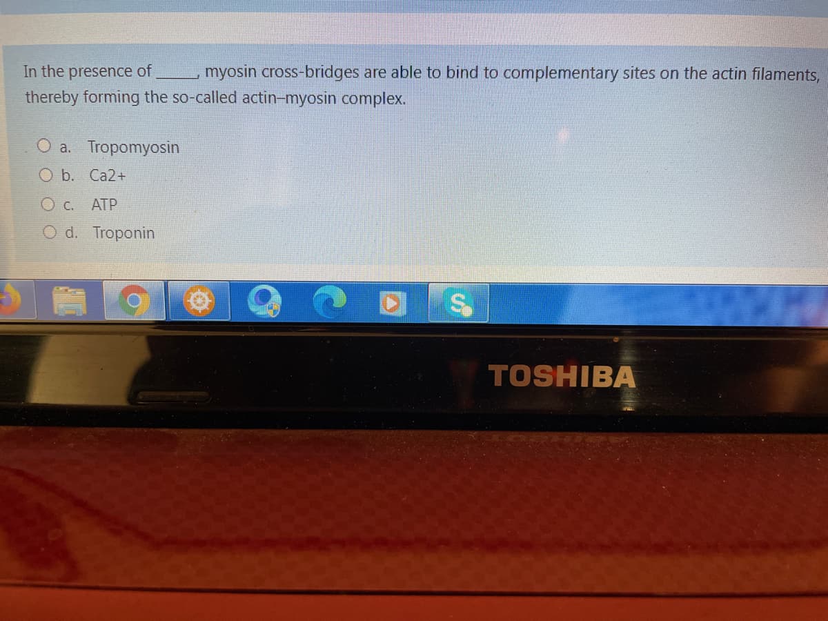 In the presence of
myosin cross-bridges are able to bind to complementary sites on the actin filaments,
thereby forming the so-called actin-myosin complex.
O a. Tropomyosin
O b. Ca2+
O c. ATP
O d. Troponin
TOSHIBA
