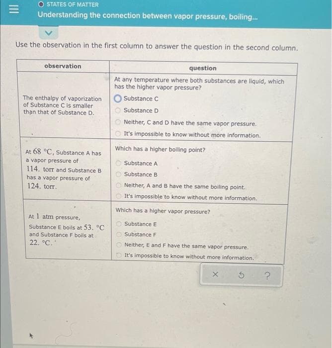 O STATES OF MATTER
Understanding the connection between vapor pressure, boiling.
Use the observation in the first column to answer the question in the second column.
observation
question
At any temperature where both substances are liquid, which
has the higher vapor pressure?
Substance C
The enthalpy of vaporization
of Substance C is smaller
than that of Substance D.
Substance D
Neither, C and D have the same vapor pressure.
It's impossible to know without more information.
Which has a higher boiling point?
At 68 °C, Substance A has
a vapor pressure of
114. torr and Substance B
Substance A
Substance B
has a vapor pressure of
124. torr.
Neither, A and B have the same boiling point.
It's impossible to know without more information.
Which has a higher vapor pressure?
At 1 atm pressure,
O Substance E
Substance E boils at 53. °C
and Substance F boils at
O Substance F
22. °C.
Neither, E and F have the same vapor pressure.
O It's impossible to know without more information.
