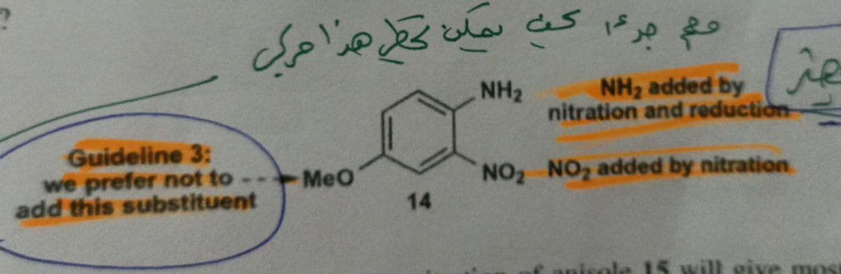 Guideline 3:
we prefer not to
add this substituent
يمكن تحط هذا حركي
MeO
14
مهم جزءا كف
NH₂
NH₂ added by
nitration and reduction
NO₂ NO₂ added by nitration
هر
15 will give mos