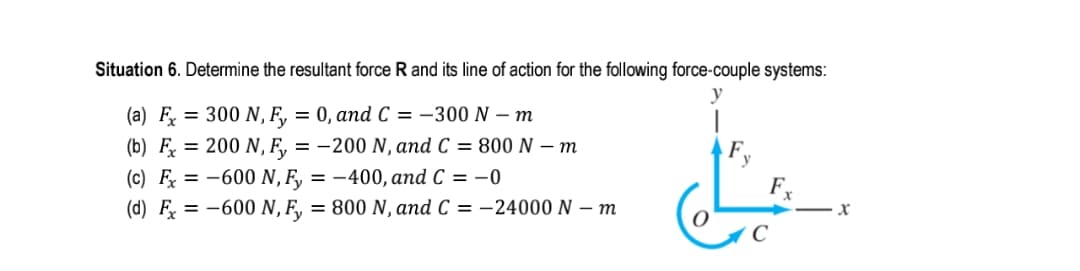 Situation 6. Determine the resultant force R and its line of action for the following force-couple systems:
y
(a) F = 300 N, F, = 0, and C = -300 N – m
(b) F = 200 N, F, = -200 N, and C = 800 N – m
(c) F = -600 N, F, = -400, and C = -0
%3D
%3D
Fy
%3D
%3D
Fx

