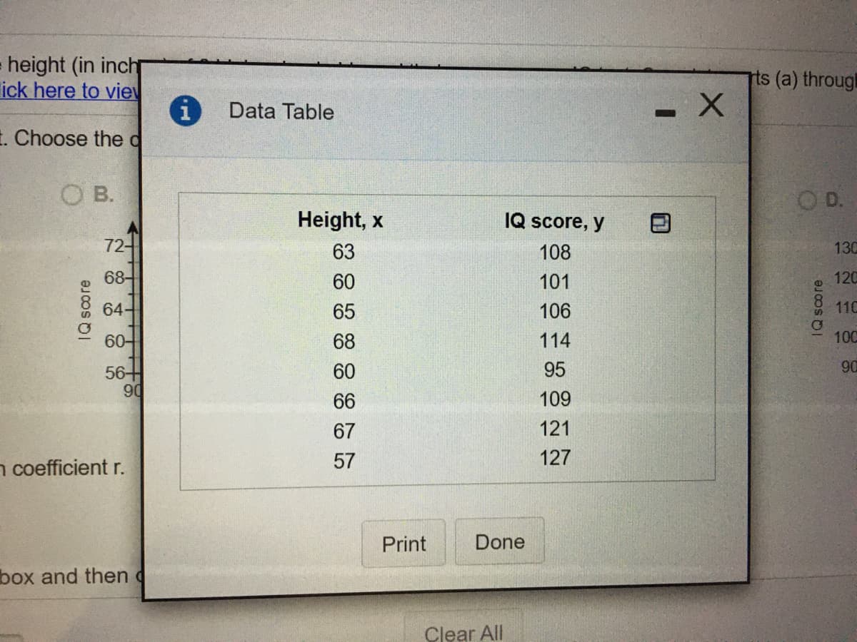 height (in inch
ick here to viev
rts (a) through
Data Table
1. Choose thed
O B.
O D.
Height, x
IQ score, y
72
63
108
13C
68-
60
101
120
64
65
106
11C
60-
68
114
10C
60
95
90
56+
90
66
109
67
121
n coefficient r.
57
127
Print
Done
box and then
Clear All
Q soore
IQ score
