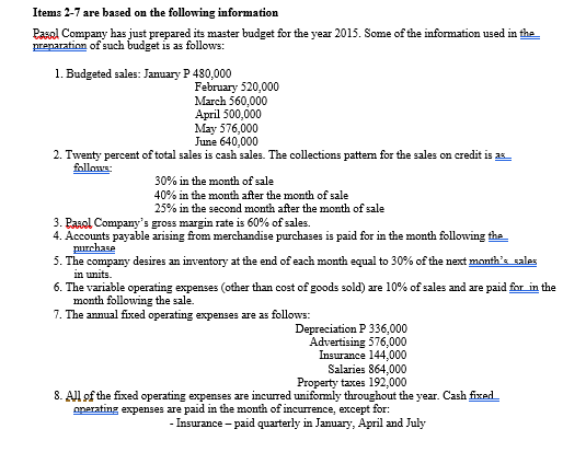 Items 2-7 are based on the following information
Pasal Company has just prepared its master budget for the year 2015. Some of the information used in the
preparation of such budget is as follows:
1. Budgeted sales: January P 480,000
February 520,000
March 560,000
April 500,000
May 576,000
June 640,000
2. Twenty percent of total sales is cash sales. The collections pattem for the sales on credit is as
follows:
30% in the month of sale
40% in the month after the month of sale
25% in the second month after the month of sale
3. Pasol Company's gross margin rate is 60% of sales.
4. Accounts payable arising from merchandise purchases is paid for in the month following the
purchase
5. The company desires an inventory at the end of each month equal to 30% of the next month's sales
in units.
6. The variable operating expenses (other than cost of goods sold) are 10% of sales and are paid for in the
month following the sale.
7. The annual fixed operating expenses are as follows:
Depreciation P 336,000
Advertising 576,000
Insurance 144,000
Salaries 864,000
Property taxes 192,000
8. All of the fixed operating expenses are incurred uniformly throughout the year. Cash fixed
operating expenses are paid in the month of incurrence, except for:
- Insurance – paid quarterly in January, April and July
