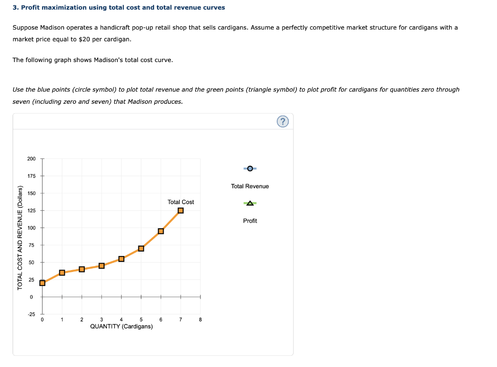 3. Profit maximization using total cost and total revenue curves
Suppose Madison operates a handicraft pop-up retail shop that sells cardigans. Assume a perfectly competitive market structure for cardigans with a
market price equal to $20 per cardigan.
The following graph shows Madison's total cost curve.
Use the blue points (circle symbol) to plot total revenue and the green points (triangle symbol) to plot profit for cardigans for quantities zero through
seven (including zero and seven) that Madison produces.
TOTAL COST AND REVENUE (Dollars)
200
175
150
125
100
75
25
-25
0
D
1
2
■
☐
4
3
5
QUANTITY (Cardigans)
0
Total Cost
6 7
8
Total Revenue
Profit
(?)