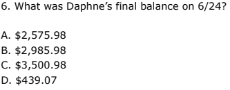 6. What was Daphne's final balance on 6/24?
A. $2,575.98
B. $2,985.98
C. $3,500.98
D. $439.07
