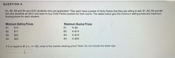 QUESTION 8
S1, S2, S3 and S4 are UIUC students who just graduated. They each have a poster of Dolly Parton that they are willing to sell. B1, 82, B3 and B4
are new students at UIUC and want to buy Dolly Parton postern for their rooms. The tables below give the minimum selling prices and maximum
buying prices for each student.
Minimum Selling Prices
Maximum Buying Pricen
X+$9
S1
$10
B1
S2
$11
B2
X+$14
S3
$20
B3
X+$16
S4
$25
B4
X+$26
If X is negative $5 (.e., Xu-$5), what is the market-clearing price? Note: Do not include the dollar sign,
