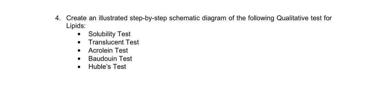 4. Create an illustrated step-by-step schematic diagram of the following Qualitative test for
Lipids:
Solubility Test
Translucent Test
Acrolein Test
Baudouin Test
Huble's Test
