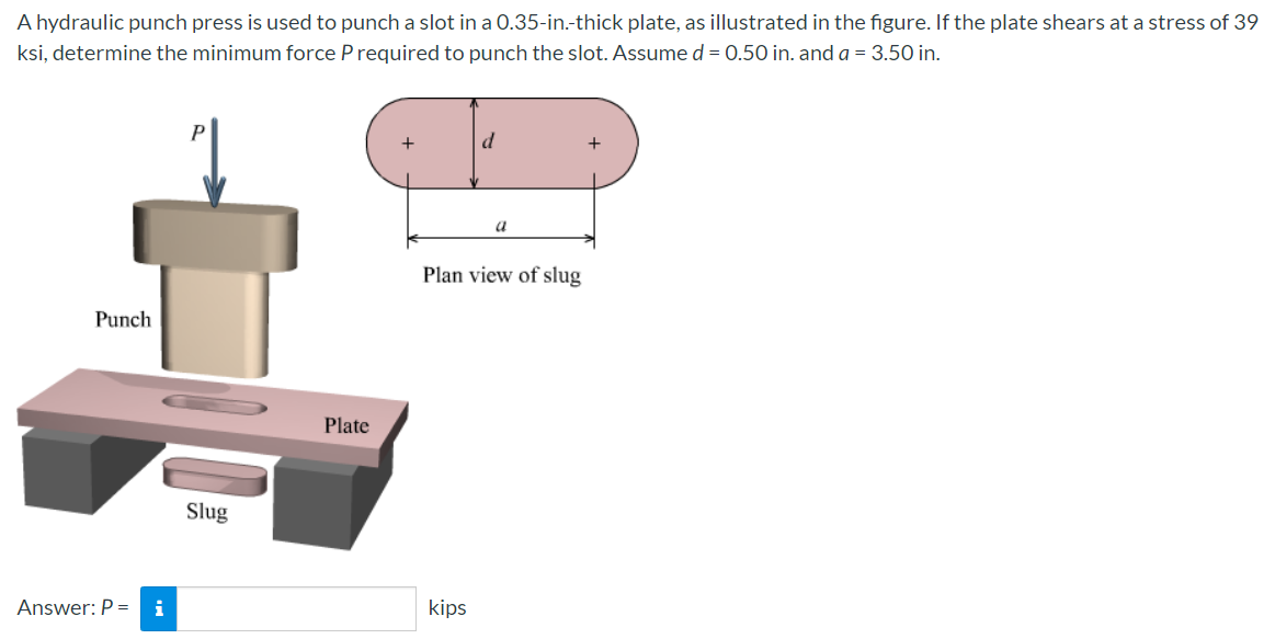 A hydraulic punch press is used to punch a slot in a 0.35-in.-thick plate, as illustrated in the figure. If the plate shears at a stress of 39
ksi, determine the minimum force P required to punch the slot. Assumed = 0.50 in. and a = 3.50 in.
d
a
Plan view of slug
Punch
Plate
Slug
Answer: P =
i
kips
