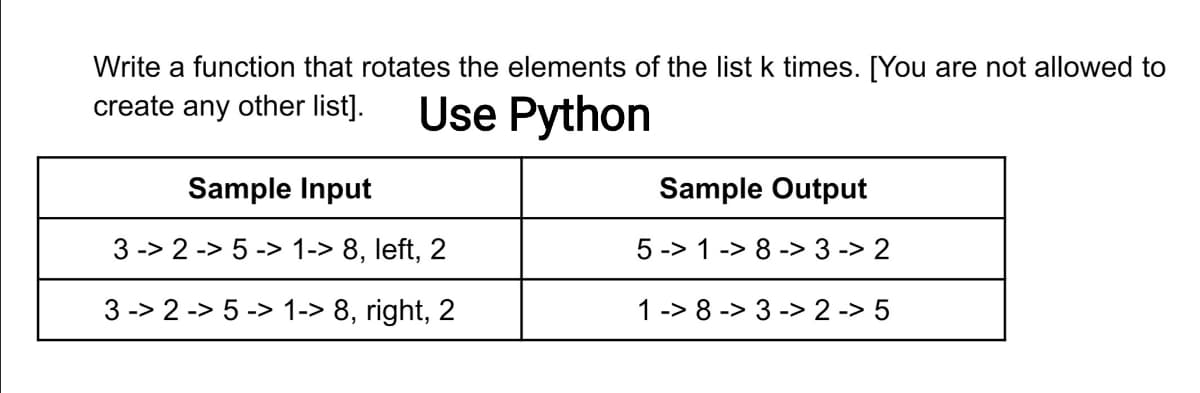 Write a function that rotates the elements of the list k times. [You are not allowed to
create any other list].
Use Python
Sample Input
Sample Output
3 -> 2 -> 5 -> 1-> 8, left, 2
5 -> 1 -> 8 -> 3 -> 2
3 -> 2 -> 5 -> 1-> 8, right, 2
1 -> 8 -> 3 -> 2 -> 5
