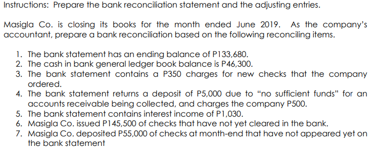 Instructions: Prepare the bank reconciliation statement and the adjusting entries.
Masigla Co. is closing its books for the month ended June 2019. As the company's
accountant, prepare a bank reconciliation based on the following reconciling items.
1. The bank statement has an ending balance of P133,680.
2. The cash in bank general ledger book balance is P46,300.
3. The bank statement contains a P350 charges for new checks that the company
ordered.
4. The bank statement returns a deposit of P5,000 due to "no sufficient funds" for an
accounts receivable being collected, and charges the company P500.
5. The bank statement contains interest income of P1,030.
6. Masigla Co. issued P145,500 of checks that have not yet cleared in the bank.
7. Masigla Co. deposited P55,000 of checks at month-end that have not appeared yet on
the bank statement
