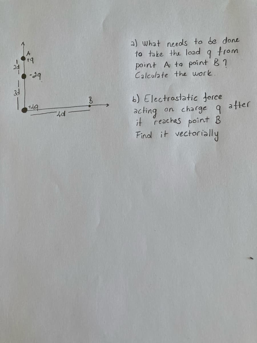 a) what needs to de done
to take the load
A
trom
2d
point A ta point B 1
Calculate the work
-29
b) Electrastatic ferce
49
acting
on charge q after
it reaches point B
Findl it vectorially
