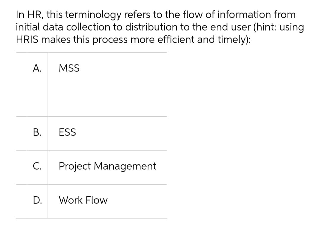 In HR, this terminology refers to the flow of information from
initial data collection to distribution to the end user (hint: using
HRIS makes this process more efficient and timely):
А.
MSS
В.
ESS
C.
Project Management
D.
Work Flow
B.
