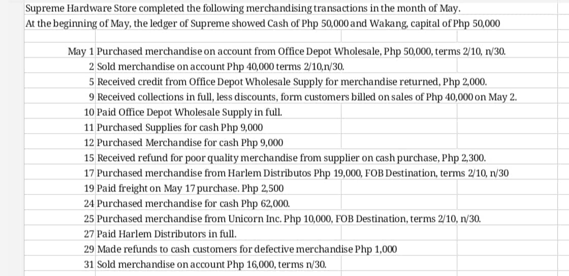 Supreme Hardware Store completed the following merchandising transactions in the month of May.
At the beginning of May, the ledger of Supreme showed Cash of Php 50,000 and Wakang, capital of Php 50,000
May 1 Purchased merchandise on account from Office Depot Wholesale, Php 50,000, terms 2/10, n/30.
2 Sold merchandise on account Php 40,000 terms 2/10,n/30.
5 Received credit from Office Depot Wholesale Supply for merchandise returned, Php 2,000.
9 Received collections in full, less discounts, form customers billed on sales of Php 40,000 on May 2.
10 Paid Office Depot Wholesale Supply in full.
11 Purchased Supplies for cash Php 9,000
12 Purchased Merchandise for cash Php 9,000
15 Received refund for poor quality merchandise from supplier on cash purchase, Php 2,300.
17 Purchased merchandise from Harlem Distributos Php 19,000, FOB Destination, terms 2/10, n/30
19 Paid freight on May 17 purchase. Php 2,500
24 Purchased merchandise for cash Php 62,000.
25 Purchased merchandise from Unicorn Inc. Php 10,000, FOB Destination, terms 2/10, n/30.
27 Paid Harlem Distributors in full.
29 Made refunds to cash customers for defective merchandise Php 1,000
31 Sold merchandise on account Php 16,000, terms n/30.
