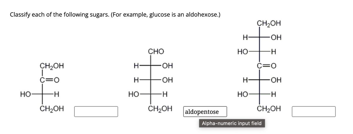 Classify each of the following sugars. (For example, glucose is an aldohexose.)
HO
CH₂OH
|
C=O
+H
-H
CH₂OH
H
H
HO
CHO
OH
-OH
-H
CH₂OH
aldopentose
H-
‡
-H
HO
CH₂OH
H-
C=O
#
-H
CH₂OH
HO
-OH
Alpha-numeric input field
-OH