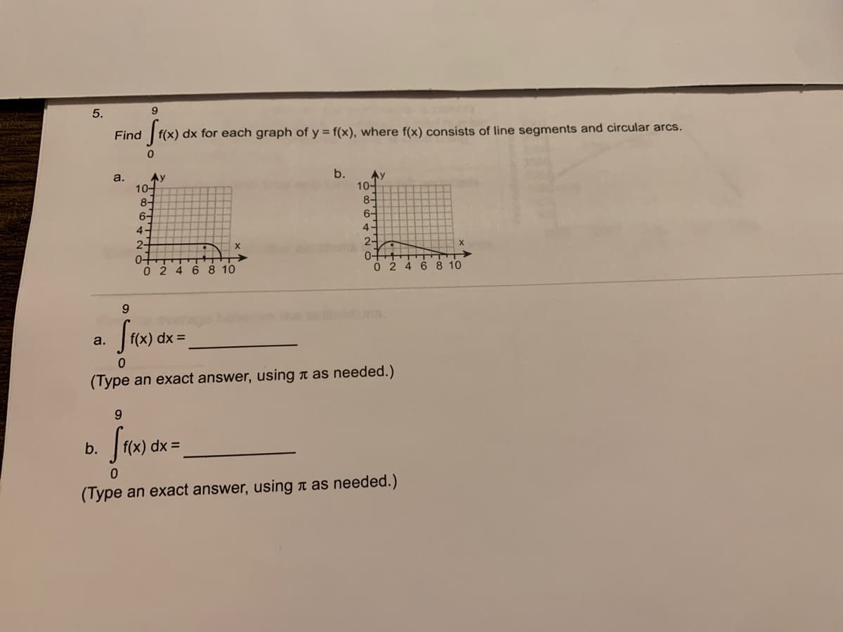 5.
Find
f(x) dx for each graph of y = f(x), where f(x) consists of line segments and circular arcs.
b.
Ay
10-
8-
Ay
10-
8-
6-
a.
6-
4-
4-
2-
2-
0-
0 2 4 6 8 10
6 8 10
9.
a.
dx =
(Type an exact answer, using n as needed.)
Jmar.
b.
(x) dx =
(Type an exact answer, using n as needed.)
