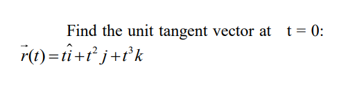 Find the unit tangent vector at t= 0:
r(1) =ti+t j+tk
