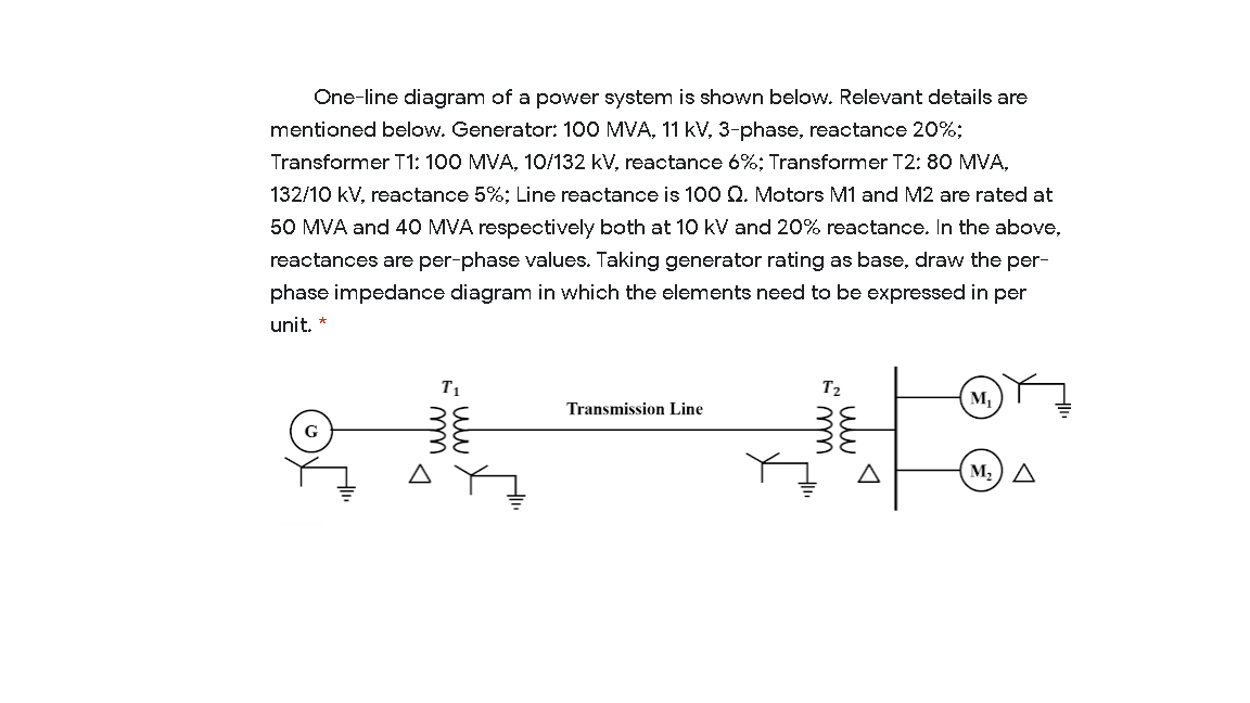 One-line diagram of a power system is shown below. Relevant details are
mentioned below. Generator: 100 MVA, 11 kV, 3-phase, reactance 20%;
Transformer T1: 100 MVA, 10/132 kV, reactance 6%; Transformer T2: 80 MVA,
132/10 kV, reactance 5%; Line reactance is 100 Q. Motors M1 and M2 are rated at
50 MVA and 40 MVA respectively both at 10 kV and 20% reactance. In the above,
reactances are per-phase values. Taking generator rating as base, draw the per-
phase impedance diagram in which the elements need to be expressed in per
unit. *
T1
M,
Transmission Line
G
M2) A
