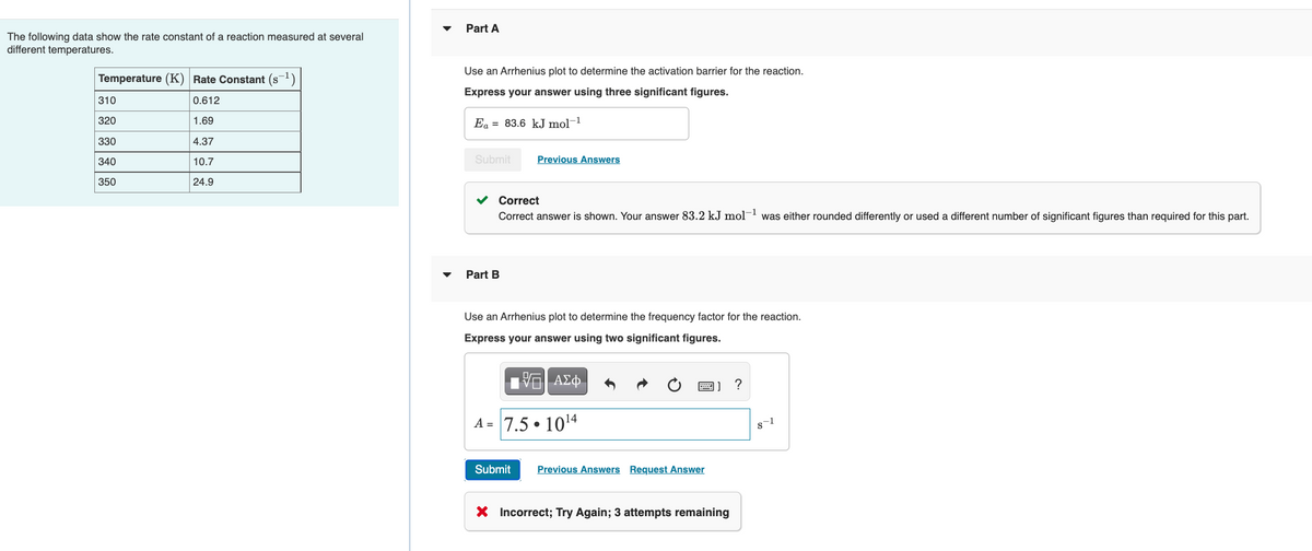 Part A
The following data show the rate constant of a reaction measured at several
different temperatures.
Use an Arrhenius plot to determine the activation barrier for the reaction.
Temperature (K) Rate Constant (s-1)
Express your answer using three significant figures.
310
0.612
320
1.69
Ea = 83.6 kJ mol-1
330
4.37
340
10.7
Submit
Previous Answers
350
24.9
Correct
Correct answer is shown. Your answer 83.2 kJ mol- was either rounded differently or used a different number of significant figures than required for this part.
Part B
Use an Arrhenius plot to determine the frequency factor for the reaction.
Express your answer using two significant figures.
A = 7.5 • 1014
Submit
Previous Answers Request Answer
X Incorrect; Try Again; 3 attempts remaining
