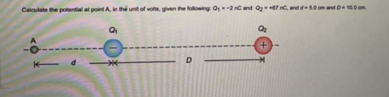 Calculate the potential at point A, in thể unit of volts, given the following: Q1 = -2 nC and Q2 +67 nC, and d- 5.0 cm and D= 10.0 cm.
D
