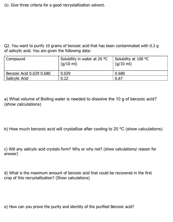 Q1. Give three criteria for a good recrystallization solvent.
Q2. You want to purify 10 grams of benzoic acid that has been contaminated with 0.2 g
of salicylic acid. You are given the following data:
Solubility in water at 20 °C Solubility at 100 °C
(g/10 ml)
Compound
(g/10 ml)
Benzoic Acid 0.029 0.680
Salicylic Acid
0.680
0.029
0.22
6.67
a) What volume of Boiling water is needed to dissolve the 10 g of benzoic acid?
(show calculations)
b) How much benzoic acid will crystallize after cooling to 20 °C (show calculations)
c) Will any salicylic acid crystals form? Why or why not? (show calculations/ reason for
answer)
d) What is the maximum amount of benzoic acid that could be recovered in the first
crop of this recrystallization? (Show calculations)
e) How can you prove the purity and identity of the purified Benzoic acid?
