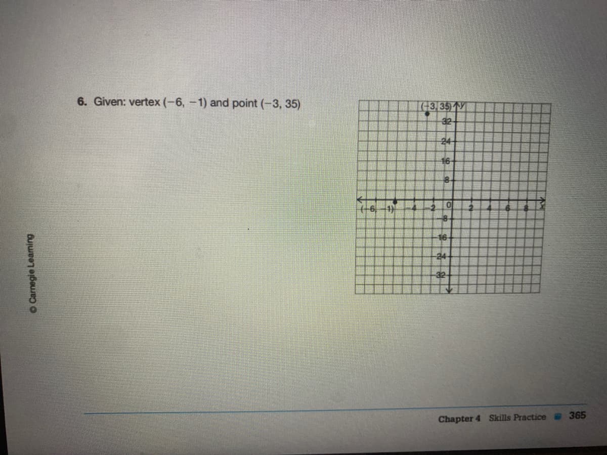 6. Given: vertex (-6,-1) and point (-3, 35)
IG3 35)Y
32
24
16
+6,1)
-2
16
24
32
Chapter 4 Skills Practice 365
O Carnegie Leaming
