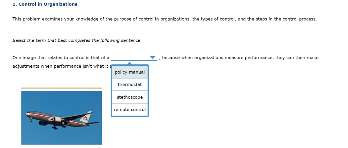 1. Control in Organizations
This problem examines your knowledge of the purpose of control in organizations, the types of control, and the steps in the control process.
Select the term that best completes the following sentence.
One image that relates to control is that of a
adjustments when performance isn't what it s
CA
policy manual
thermostat
stethoscope
remote control
because when organizations measure performance, they can then make
