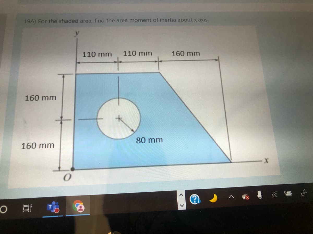 19A) For the shaded area, find the area moment of inertia about x axis.
110 mm
110 mm
160 mm
160 mm
80 mm
160 mm
