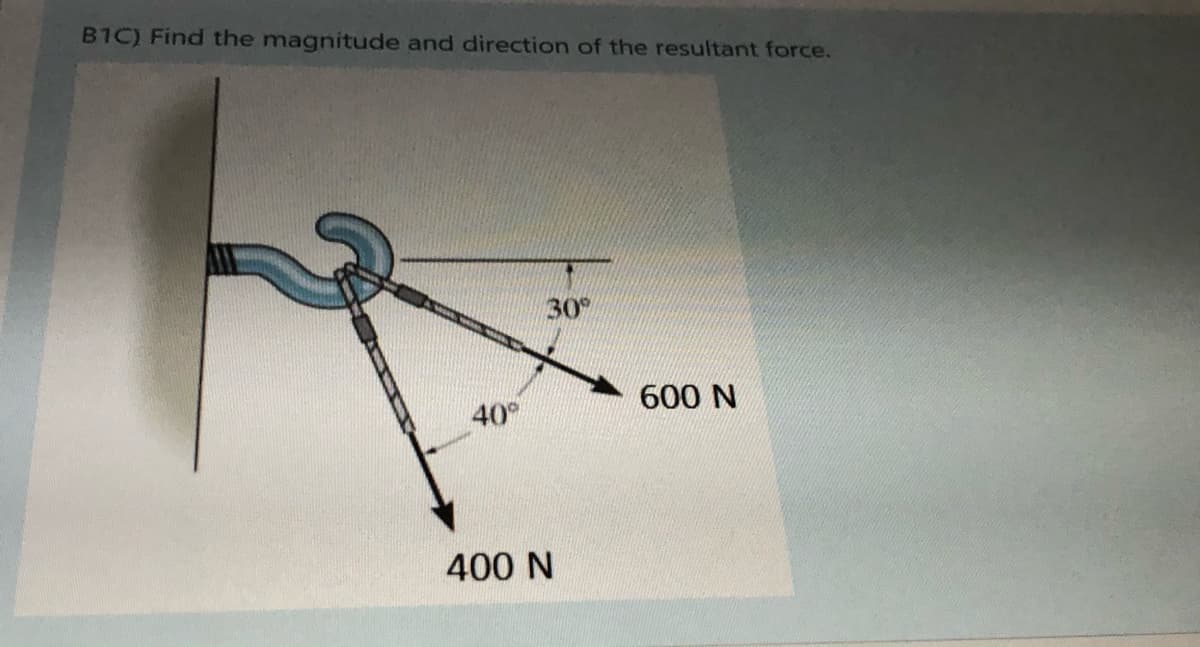 B1C) Find the magnitude and direction of the resultant force.
30
600 N
40
400 N

