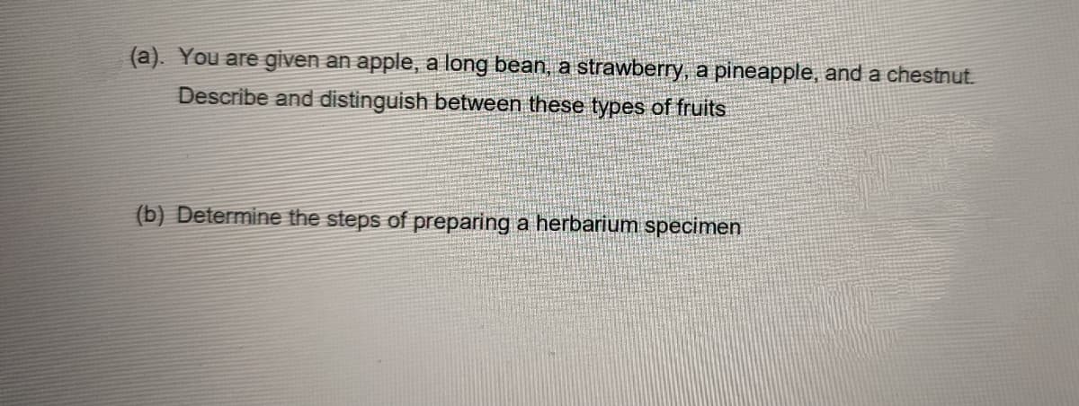 (a). You are given an apple, a long bean, a strawberry, a pineapple, and a chestnut.
Describe and distinguish between these types of fruits
(b) Determine the steps of preparing a herbarium specimen