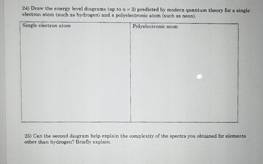 24) Draw the energy level diagrams (up to n= 3) predicted by modern quantum theory for a single
electron atom (such as hydrogen) and a polyelectronic atom (such as neon).
Single electron atom
Polyelectronic atom
25) Can the second diagram help explain the complexity of the spectra you obtained for elements
other than hydrogen? Briefly explain.
