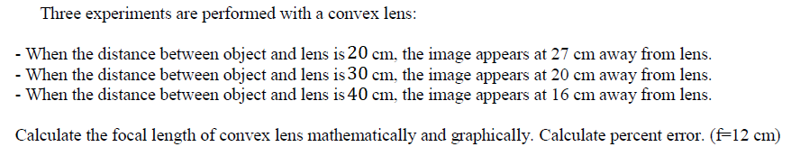 Three experiments are performed with a convex lens:
- When the distance between object and lens is 20 cm, the image appears at 27 cm away from lens.
- When the distance between object and lens is 30 cm, the image appears at 20 cm away from lens.
- When the distance between object and lens is 40 cm, the image appears at 16 cm away from lens.
Calculate the focal length of convex lens mathematically and graphically. Calculate percent error. (f=12 cm)
