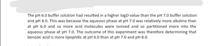 The pH 6.0 buffer solution had resulted in a higher logD value than the pH 7.0 buffer solution
and pH 8.0. This was because the aqueous phase at pH 7.0 was relatively more alkaline than
at pH 6.0 and so more acid molecules were ionised and so partitioned more into the
aqueous phase at pH 7.0. The outcome of this experiment was therefore determining that
benzoic acid is more lipophilic at pH 6.0 than at pH 7.0 and pH 8.0.
