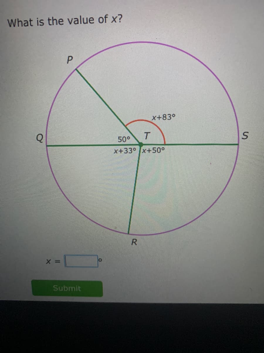 What is the value of x?
x+83°
50°
x+33° x+50°
R
X =
Submit
