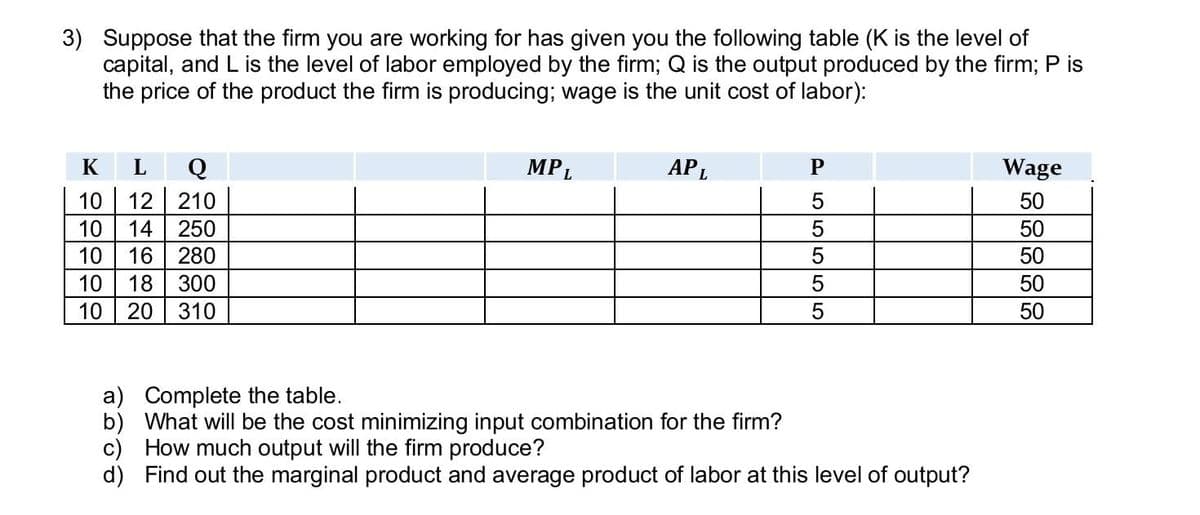 3) Suppose that the firm you are working for has given you the following table (K is the level of
capital, and L is the level of labor employed by the firm; Q is the output produced by the firm; P is
the price of the product the firm is producing; wage is the unit cost of labor):
K
L Q
10 12 210
10 14 250
10
16 280
10
18 300
10 20 310
MPL
APL
P
5
5
5
5
5
a)
Complete the table.
b) What will be the cost minimizing input combination for the firm?
c) How much output will the firm produce?
d) Find out the marginal product and average product of labor at this level of output?
Wage
50
50
50
50
50