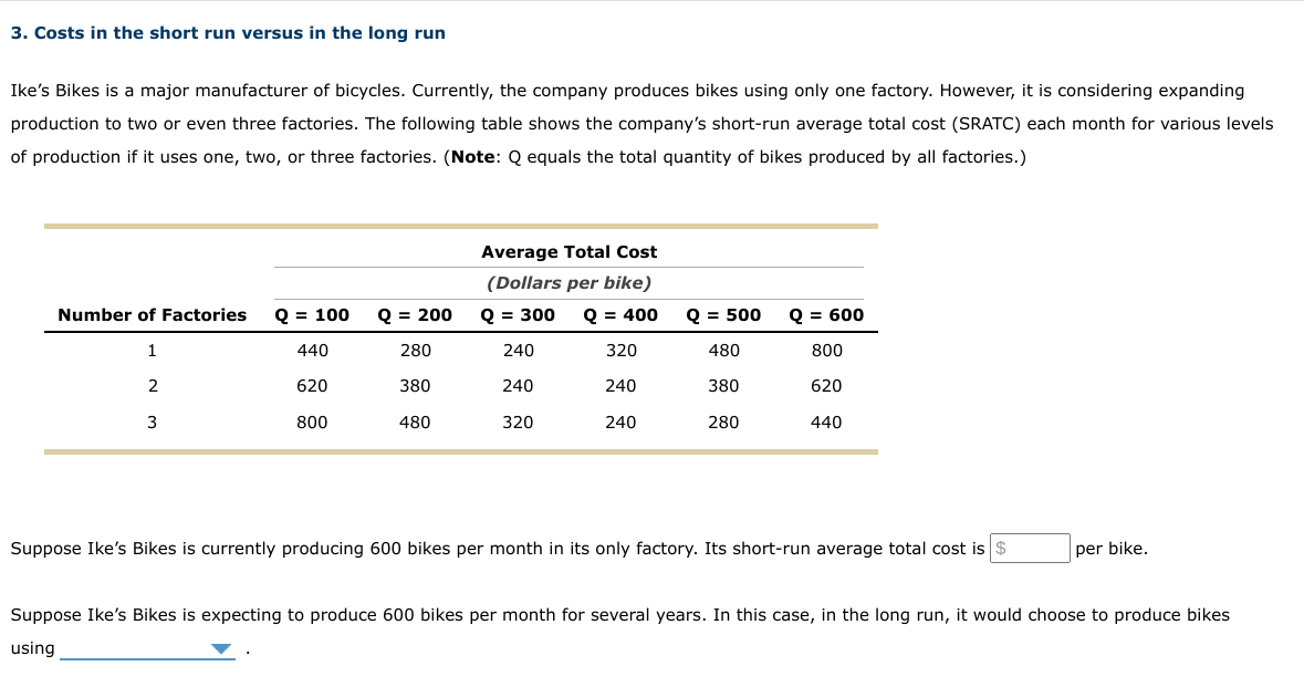 3. Costs in the short run versus in the long run
Ike's Bikes is a major manufacturer of bicycles. Currently, the company produces bikes using only one factory. However, it is considering expanding
production to two or even three factories. The following table shows the company's short-run average total cost (SRATC) each month for various levels
of production if it uses one, two, or three factories. (Note: Q equals the total quantity of bikes produced by all factories.)
Number of Factories Q = 100
440
620
1
2
3
800
Q = 200
280
380
480
Average Total Cost
(Dollars per bike)
Q = 300
Q = 400
240
240
320
320
240
240
Q = 500 Q = 600
480
380
280
800
620
440
Suppose Ike's Bikes is currently producing 600 bikes per month in its only factory. Its short-run average total cost is $
per bike.
Suppose Ike's Bikes is expecting to produce 600 bikes per month for several years. In this case, in the long run, it would choose to produce bikes
using