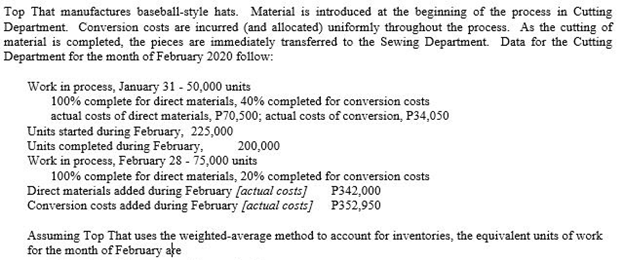 Top That manufactures baseball-style hats. Material is introduced at the beginning of the process in Cutting
Department. Conversion costs are incurred (and allocated) uniformly throughout the process. As the cutting of
material is completed, the pieces are immediately transferred to the Sewing Department. Data for the Cutting
Department for the month of February 2020 follow:
Work in process, January 31 - 50,000 units
100% complete for direct materials, 40% completed for conversion costs
actual costs of direct materials, P70,500; actual costs of conversion, P34,050
Units started during February, 225,000
Units completed during February,
Work in process, February 28 - 75,000 units
100% complete for direct materials, 20% completed for conversion costs
Direct materials added during February [actual costs]
Conversion costs added during February [actual costs] P352,950
200,000
P342,000
Assuming Top That uses the weighted-average method to account for inventories, the equivalent units of work
for the month of February ake
