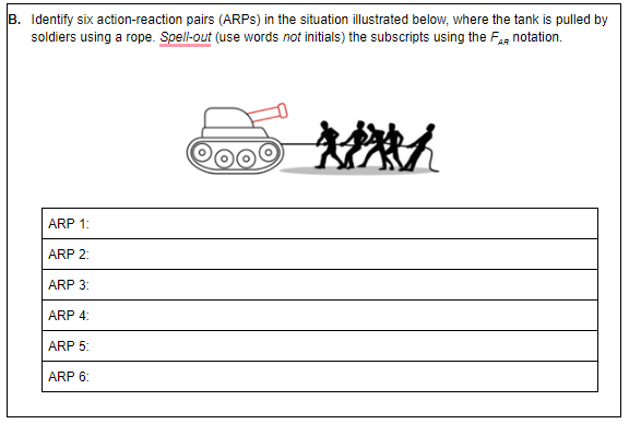 B. Identify six action-reaction pairs (ARPS) in the situation illustrated below, where the tank is pulled by
soldiers using a rope. Spell-out (use words not initials) the subscripts using the F notation.
ARP 1:
ARP 2:
ARP 3:
ARP 4:
ARP 5:
ARP 6:
