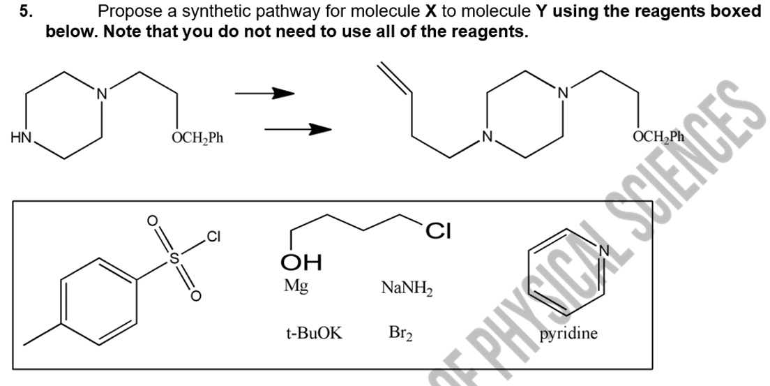 5.
Propose a synthetic pathway for molecule X to molecule Y using the reagents boxed
below. Note that you do not need to use all of the reagents.
N.
HN.
OCH,Ph
CI
CI
OH
Mg
NaNH,
t-BUOK
Br2
pyridine
PHYSICAL SSIENCES
