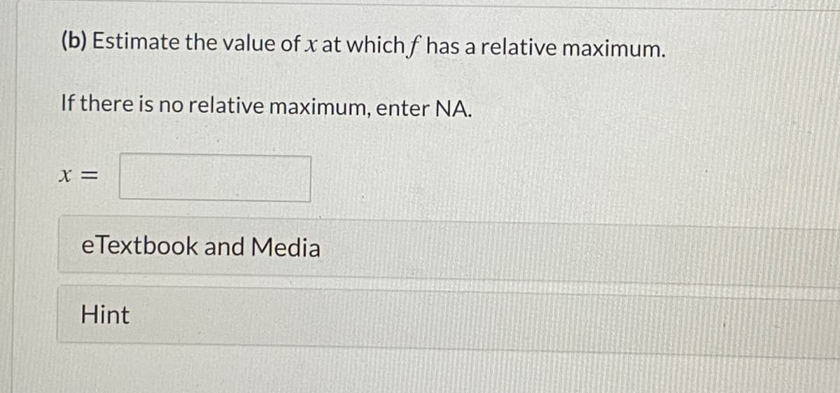 (b) Estimate the value of x at which f has a relative maximum.
If there is no relative maximum, enter NA.
eTextbook and Media
Hint
