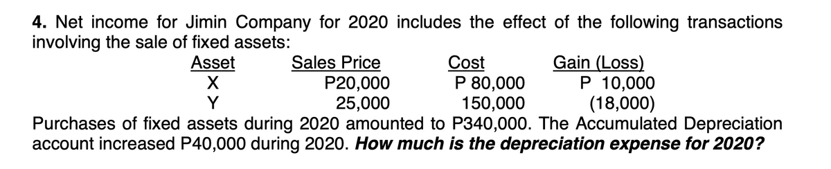 4. Net income for Jimin Company for 2020 includes the effect of the following transactions
involving the sale of fixed assets:
Sales Price
P20,000
25,000
Purchases of fixed assets during 2020 amounted to P340,000. The Accumulated Depreciation
account increased P40,000 during 2020. How much is the depreciation expense for 2020?
Cost
P 80,000
150,000
Gain (Loss)
P 10,000
(18,000)
Asset
Y
