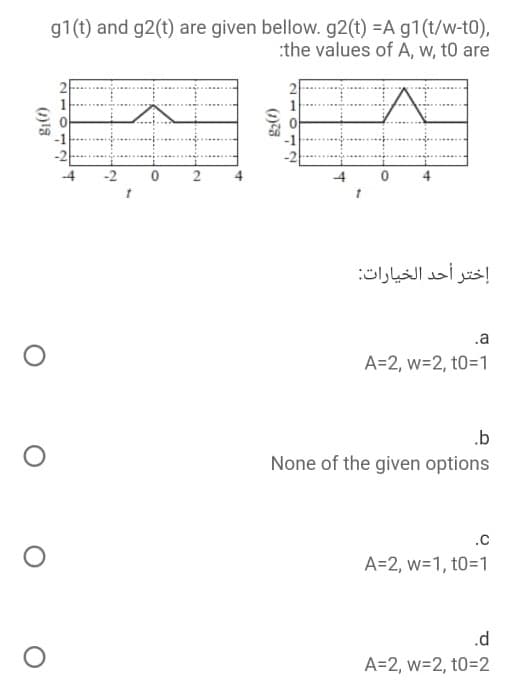g1(t) and g2(t) are given bellow. g2(t) =A g1(t/w-t0),
:the values of A, w, t0 are
-4
-2
إختر أحد الخيارات
.a
A=2, w=2, t0=1
.b
None of the given options
.c
A=2, w=1, t0=1
.d
A=2, w=2, t0=2
2.
2101 2
(1)'8
