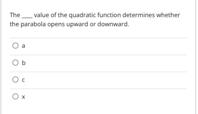 The
value of the quadratic function determines whether
the parabola opens upward or downward.
a
O b
Ос
Ох
