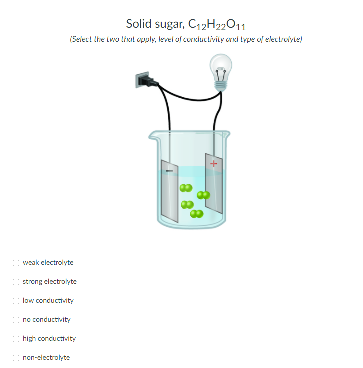 Solid sugar, C12H22O11
(Select the two that apply, level of conductivity and type of electrolyte)
weak electrolyte
strong electrolyte
low conductivity
no conductivity
high conductivity
non-electrolyte

