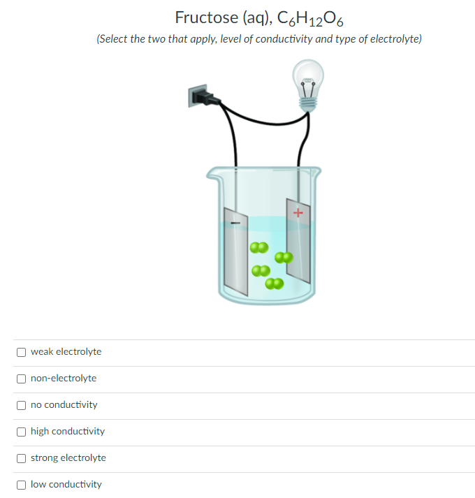 Fructose (aq), C,H1206
(Select the two that apply, level of conductivity and type of electrolyte)
O weak electrolyte
O non-electrolyte
no conductivity
O high conductivity
strong electrolyte
O low conductivity
