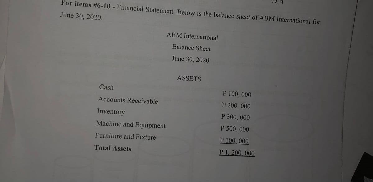For items #6-10 - Financial Statement: Below is the balance sheet of ABM International for
June 30, 2020.
ABM International
Balance Sheet
June 30, 2020
ASSETS
Cash
P 100, 000
Accounts Receivable
P 200, 000
Inventory
P 300, 000
Machine and Equipment
P 500, 000
Furniture and Fixture
P 100, 000
Total Assets
P1. 200, 000
