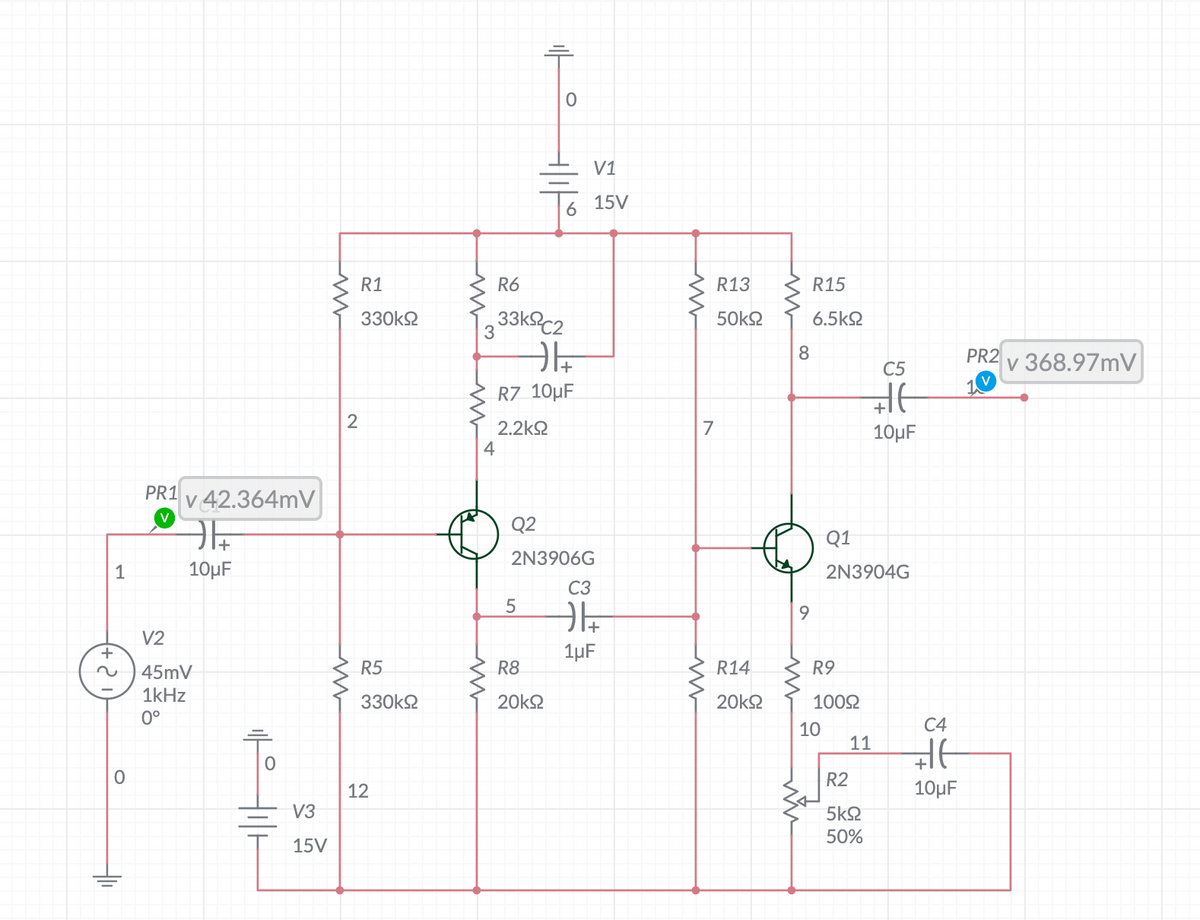 +
1
0
PR1
v 42.364mV
DE
10μF
V2
45mV
1kHz
0°
||||||
V3
15V
www
2
w
R1
330ΚΩ
R5
330kQ
12
R6
333kc2
4
www
+|1|0
0
+1+
R7 10μF
2.2ΚΩ
5
R8
20kQ
V1
Q2
2N3906G
C3
DE
1μF
15V
www
7
www
R13
50ΚΩ
R14
20ΚΩ
R15
6.5ΚΩ
8
9
R9
10022
10
Q1
2N3904G
11
C5
16
10μF
R2
5ΚΩ
50%
C4
E
10μF
PR2
v 368.97mV