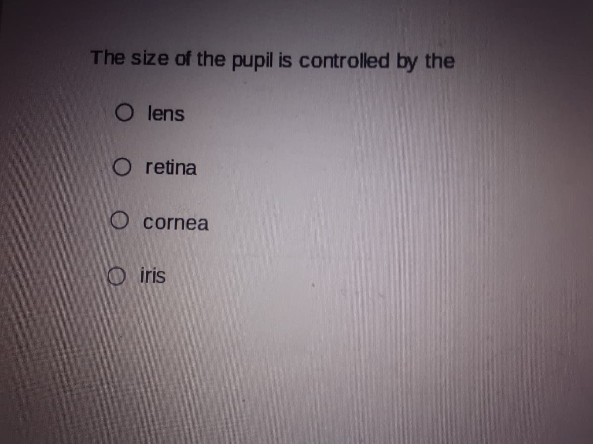 The size of the pupil is controlled by the
O lens
O retina
O cornea
O iris
