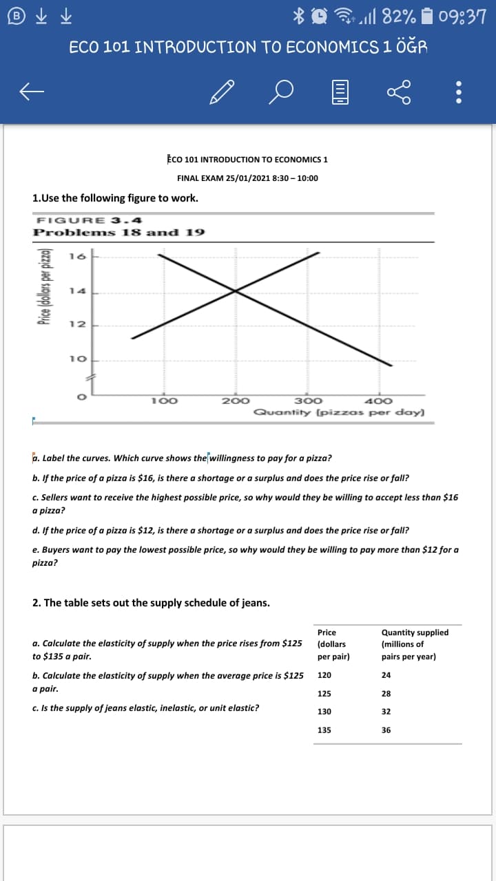 不不@
O ll 82% 09:37
ECO 101 INTRODUCTION TO ECONOMICS 1 ÖĞR
ECO 101 INTRODUCTION TO ECONOMICS 1
FINAL EXAM 25/01/2021 8:30 – 10:00
1.Use the following figure to work.
FIGUR E 3.4
Problems 18 and 19
16
14
12
10
100
200
300
400
Quantity (pizzas per day)
a. Label the curves. Which curve shows the willingness to pay for a pizza?
b. If the price of a pizza is $16, is there a shortage or a surplus and does the price rise or fall?
c. Sellers want to receive the highest possible price, so why would they be willing to accept less than $16
a pizza?
d. If the price of a pizza is $12, is there a shortage or a surplus and does the price rise or fall?
e. Buyers want to pay the lowest possible price, so why would they be willing to pay more than $12 for a
pizza?
2. The table sets out the supply schedule of jeans.
Price
Quantity supplied
(millions of
a. Calculate the elasticity of supply when the price rises from $125
to $135 a pair.
(dollars
per pair)
pairs per year)
b. Calculate the elasticity of supply when the average price is $125
120
24
a pair.
125
28
c. Is the supply of jeans elastic, inelastic, or unit elastic?
130
32
135
36
Price (dolars pe pizo)
